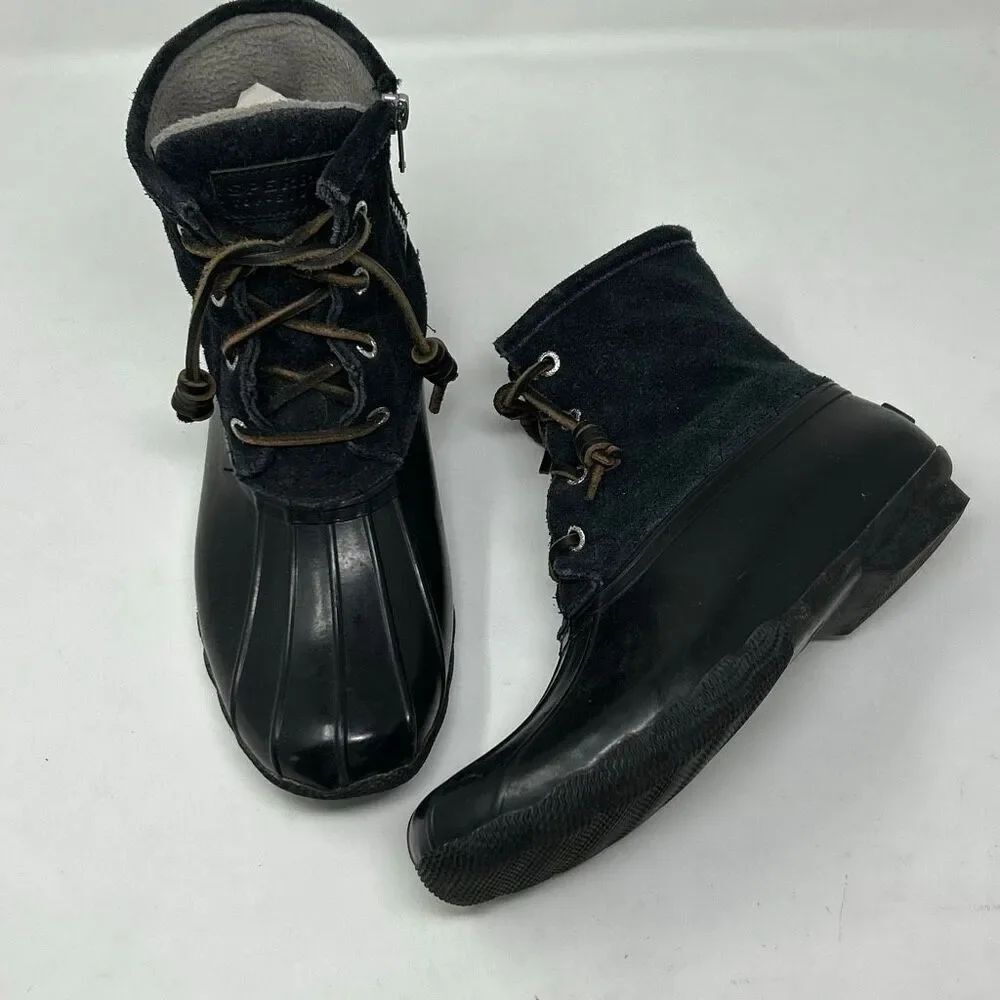 Sperry Duck Boots Black Sz 7 Suede Leather Upper Rain Snow Rubber Side Zip